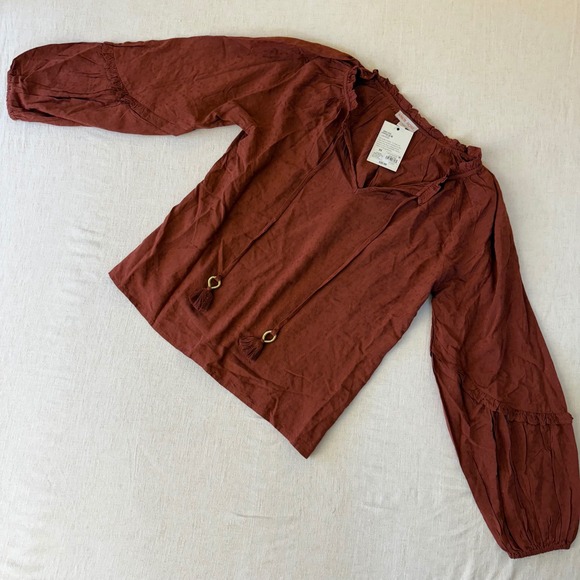 Knox Rose Tops - Knox Rose Rust Brown Clip Dot Peasant Blouse Tassel Tie Balloon Sleeve NWT XS